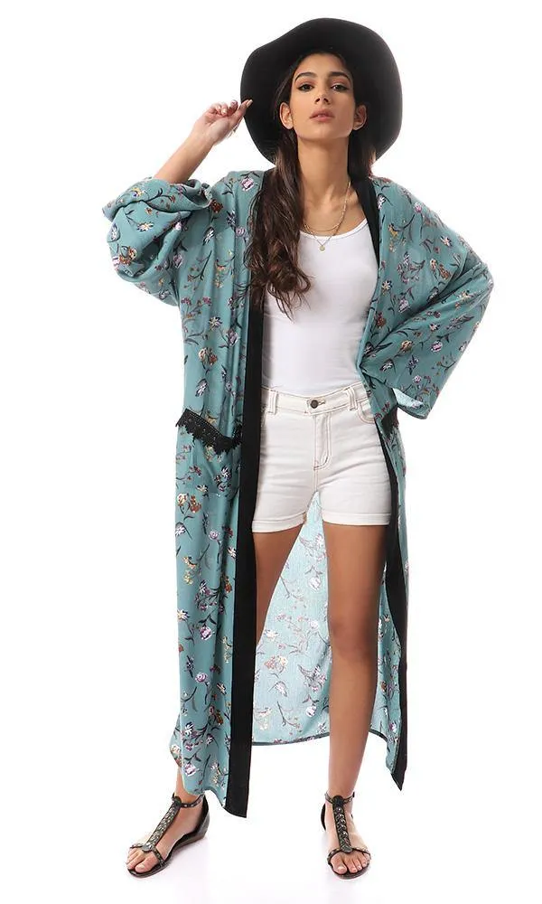 57714 Dark Mint Floral Cardigan With Black Neckline