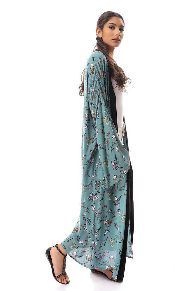 57714 Dark Mint Floral Cardigan With Black Neckline