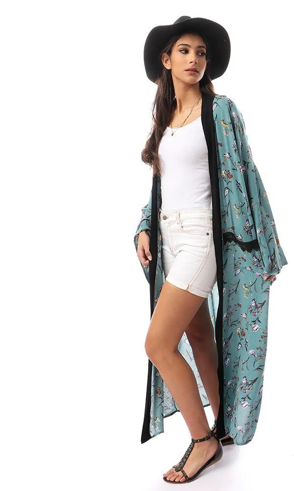 57714 Dark Mint Floral Cardigan With Black Neckline