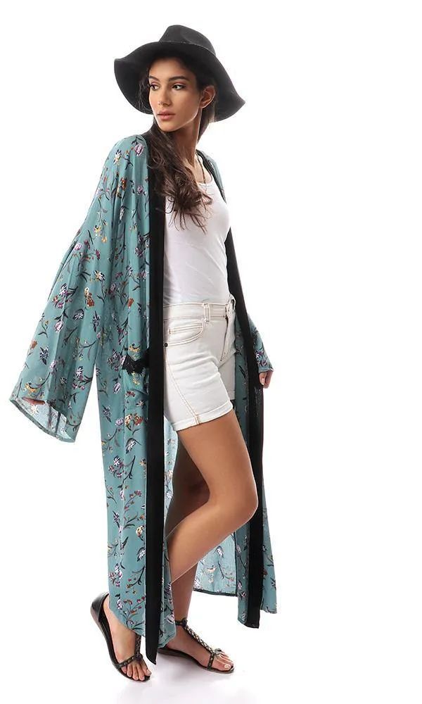 57714 Dark Mint Floral Cardigan With Black Neckline