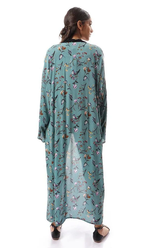 57714 Dark Mint Floral Cardigan With Black Neckline