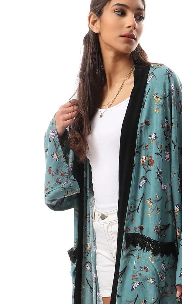 57714 Dark Mint Floral Cardigan With Black Neckline