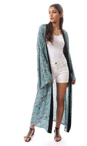 57714 Dark Mint Floral Cardigan With Black Neckline