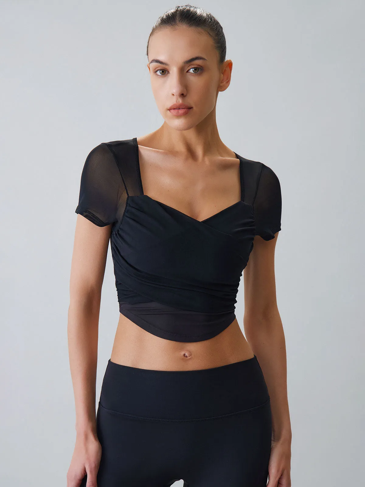 Black Mesh Short Sleeve Top - Light Support