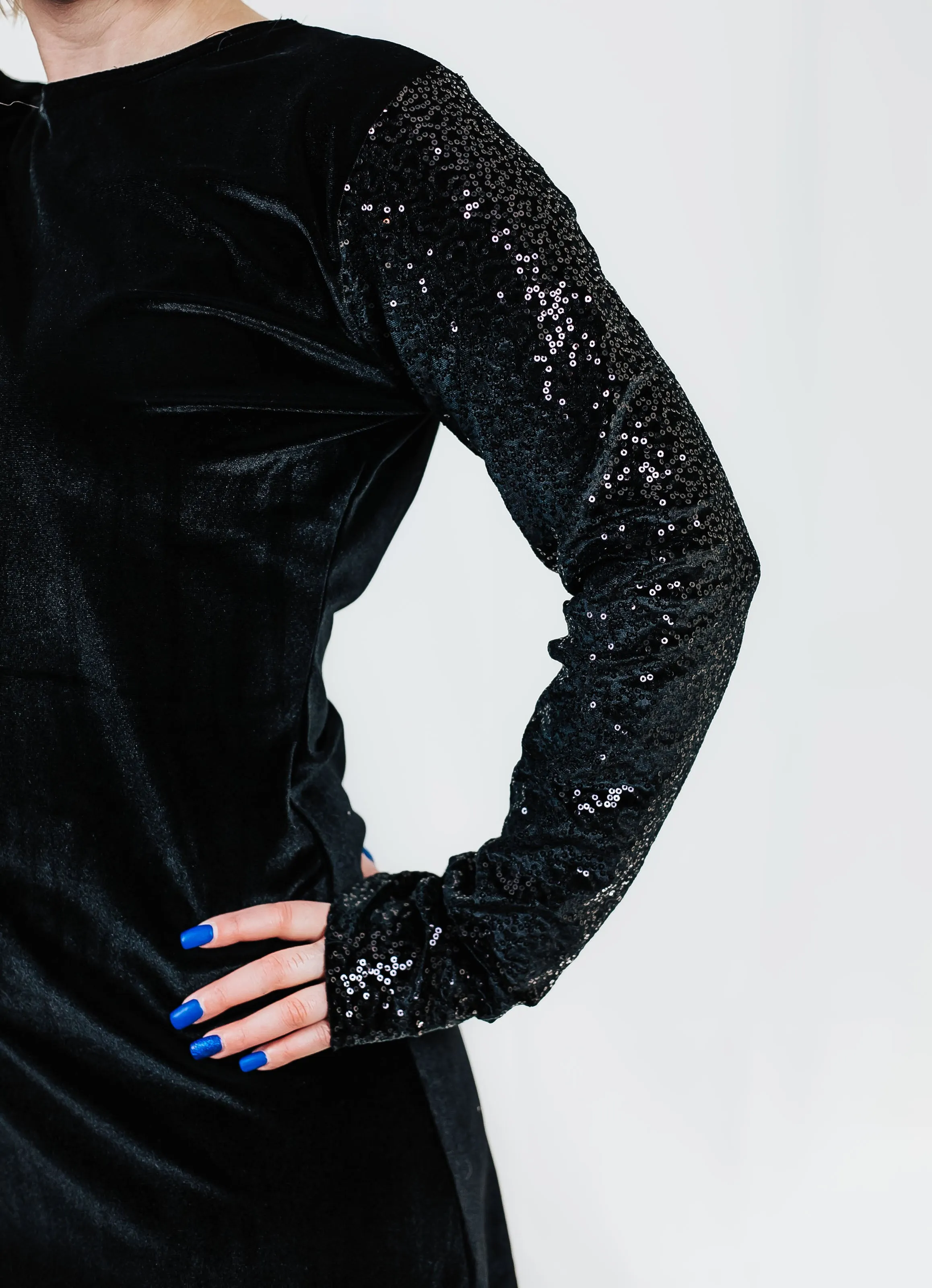 Black Velvet Sequin Sleeve Top