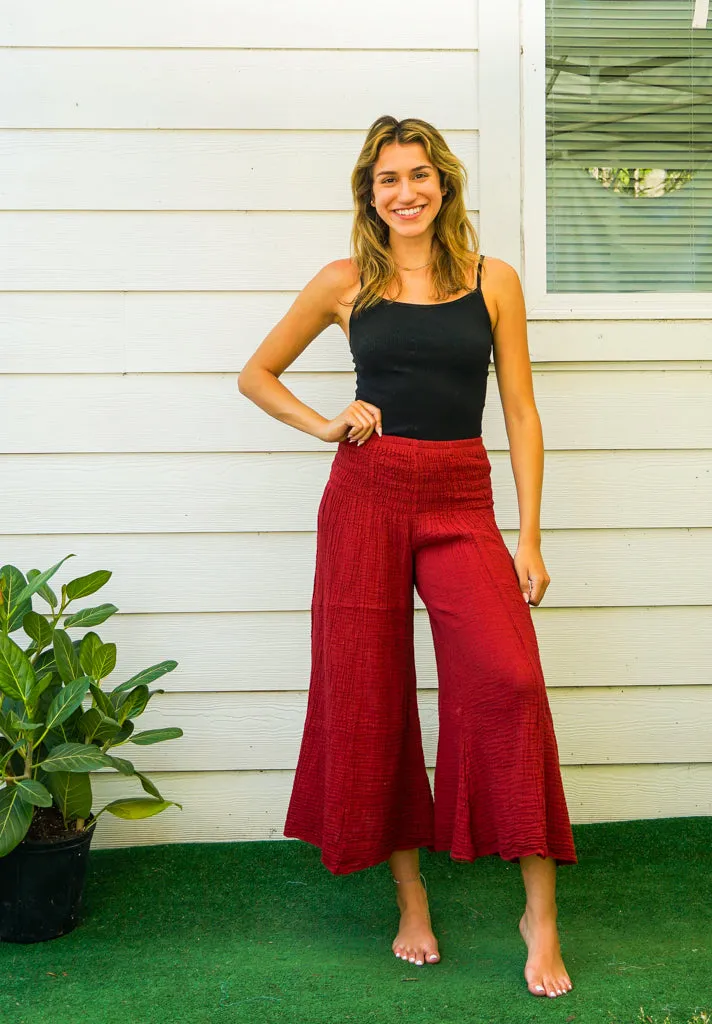 Burgundy Double Gauze Wide Legs Palazzo Pants