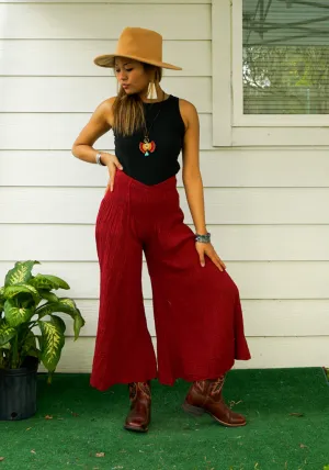 Burgundy Double Gauze Wide Legs Palazzo Pants