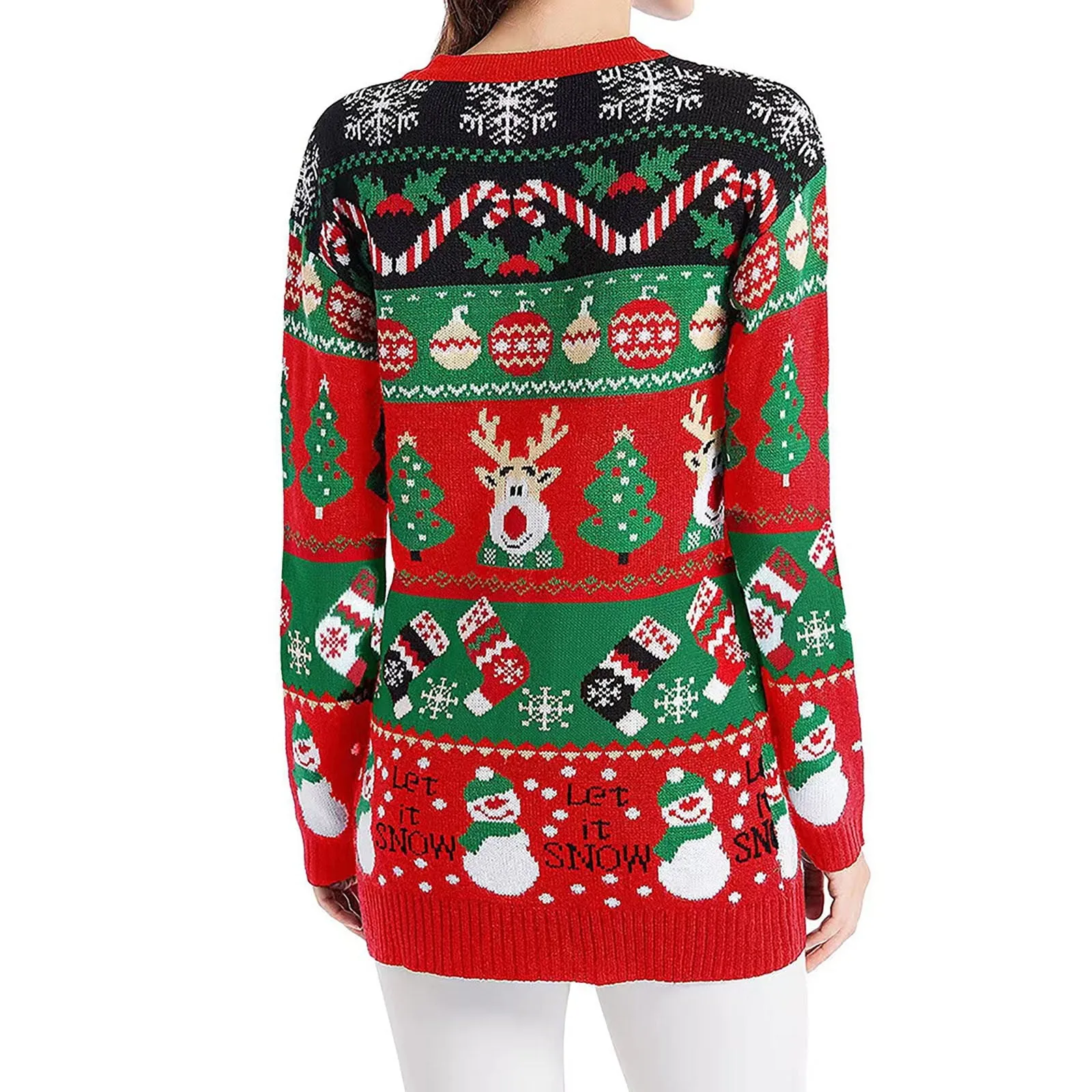 Christmas Cardigan Sweater with Reindeer and Snowman Design Holiday Knitwear