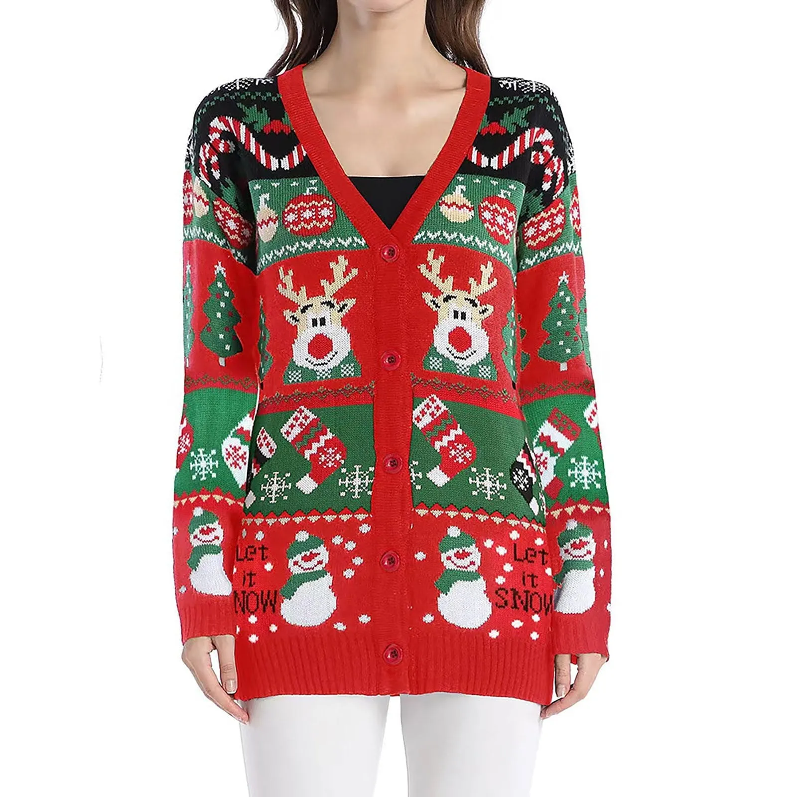 Christmas Cardigan Sweater with Reindeer and Snowman Design Holiday Knitwear