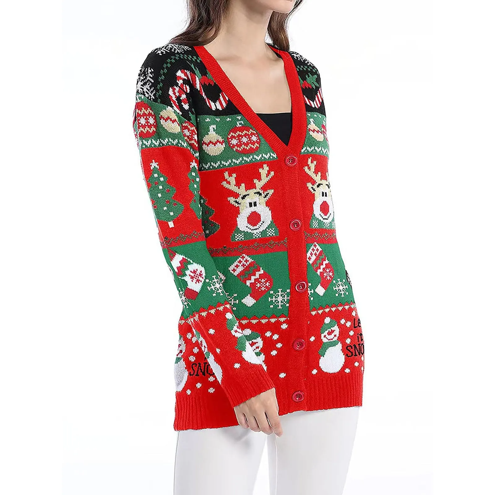 Christmas Cardigan Sweater with Reindeer and Snowman Design Holiday Knitwear