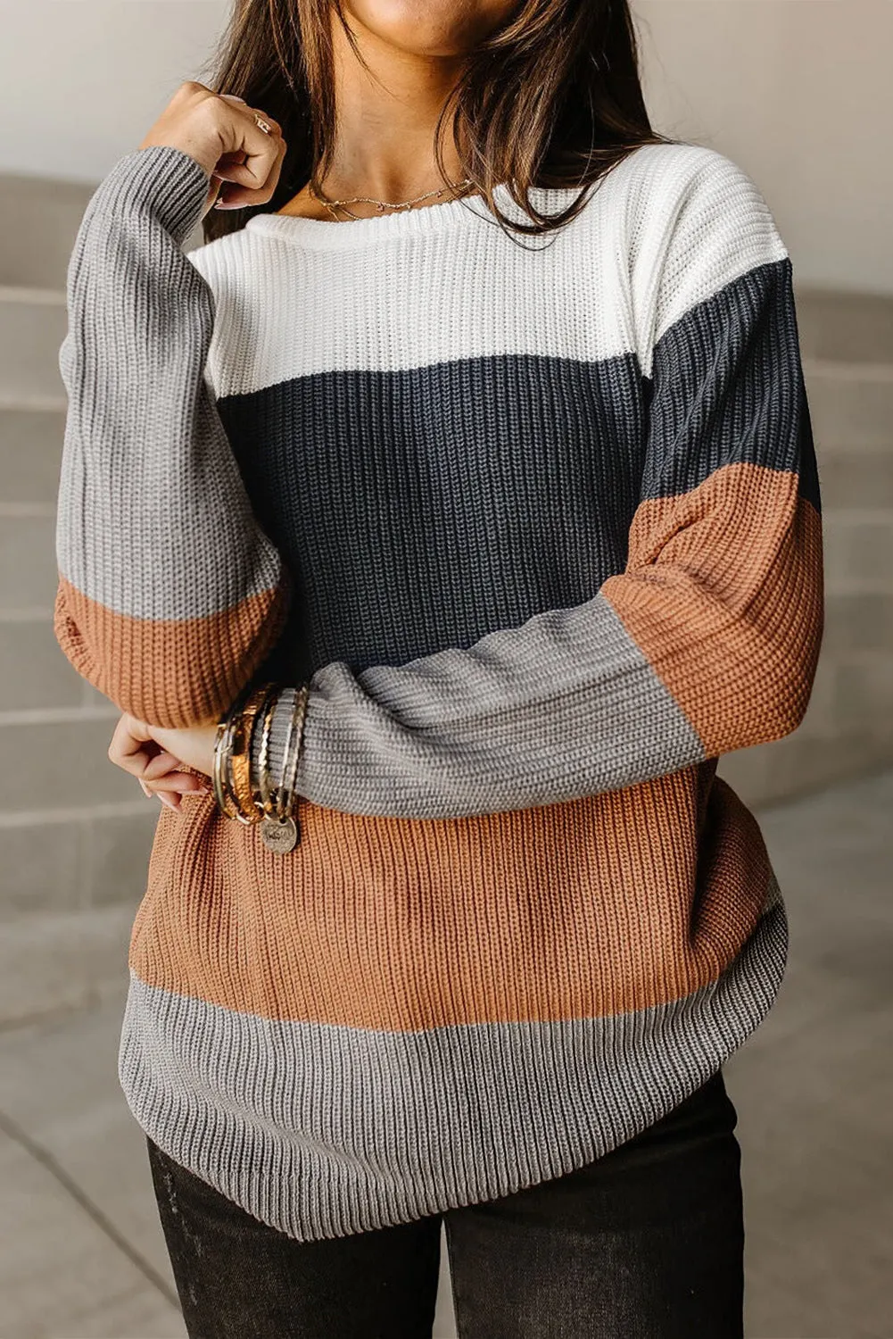 Color Block Knitted O-Neck Pullover Sweater