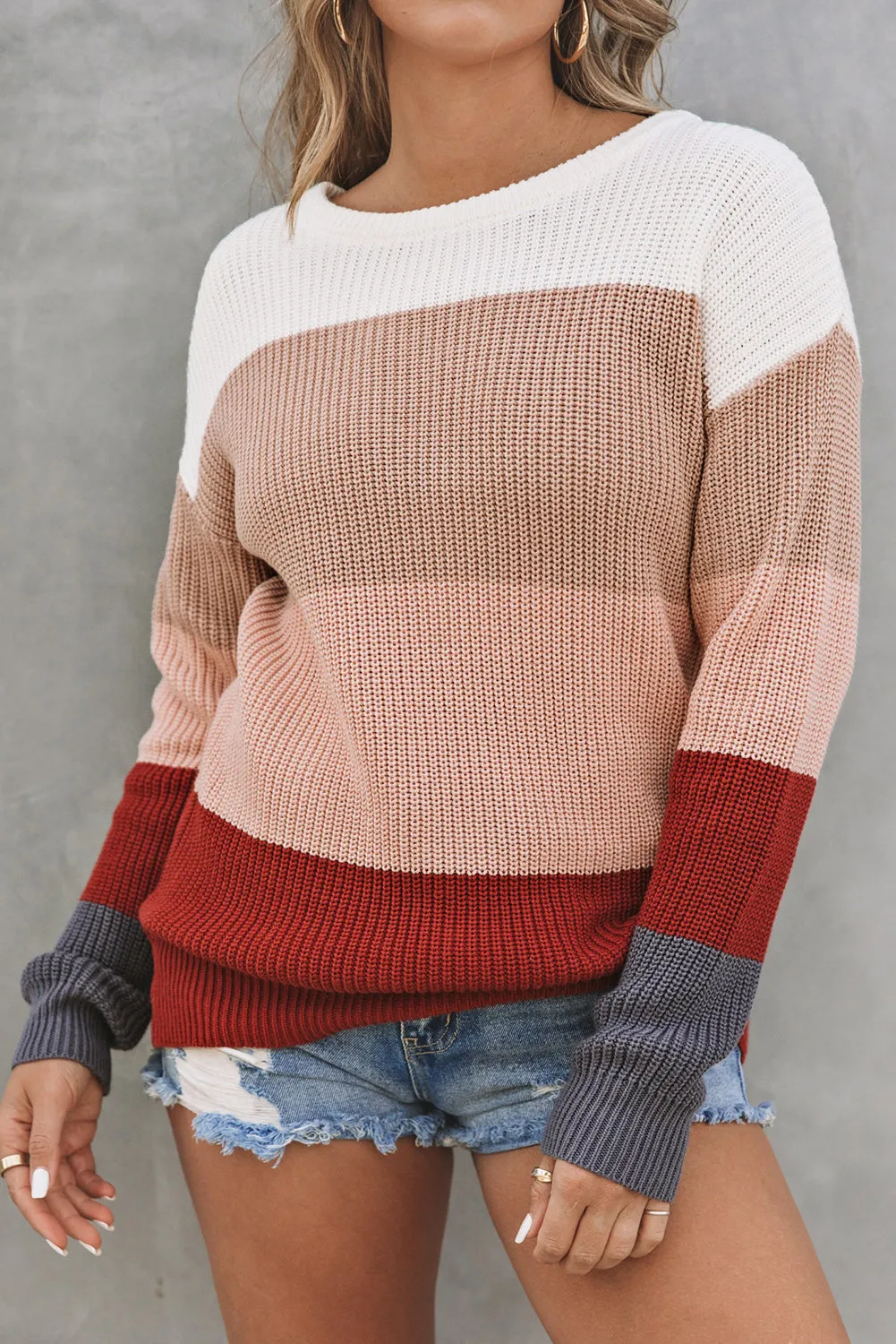 Color Block Knitted O-Neck Pullover Sweater