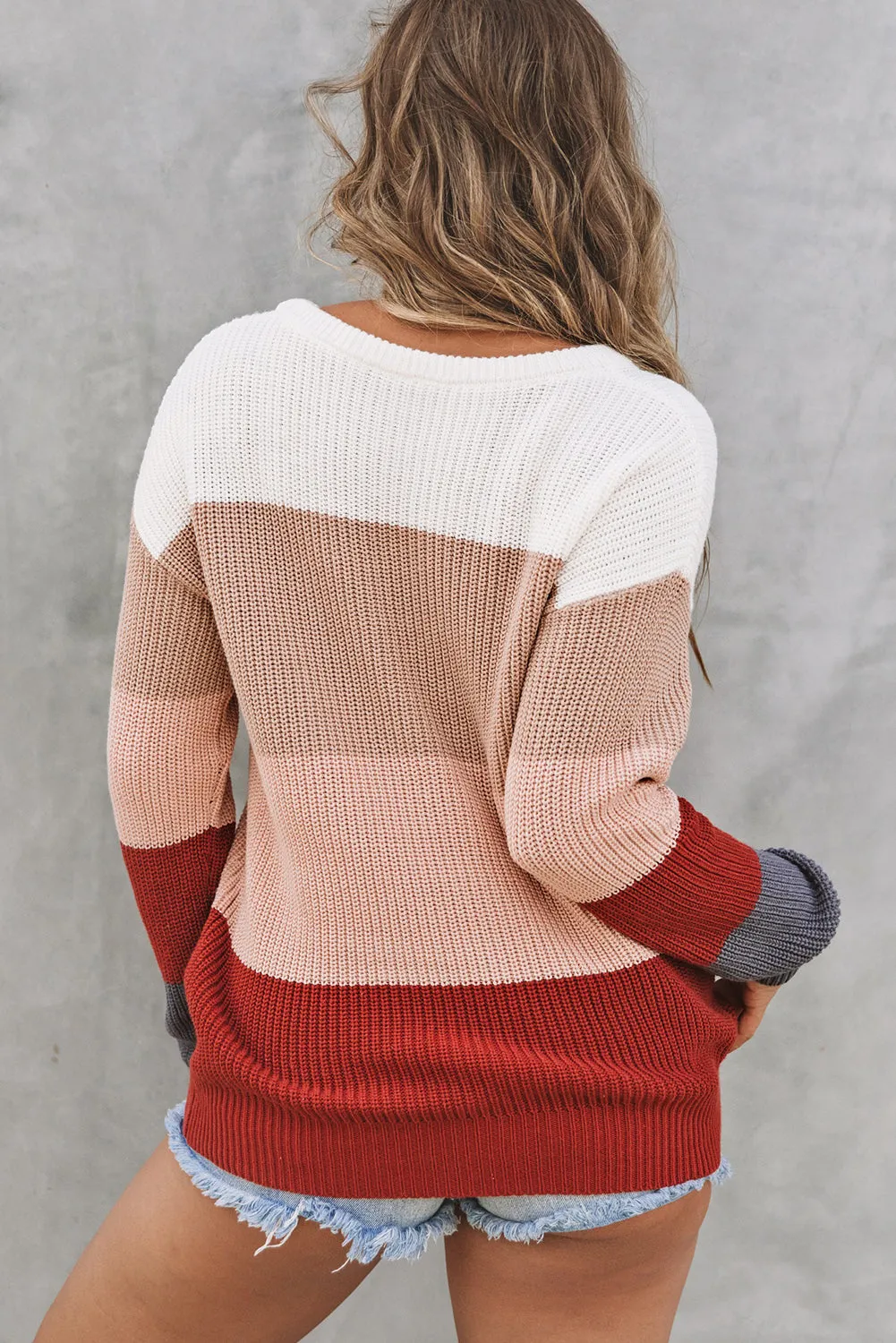 Color Block Knitted O-Neck Pullover Sweater