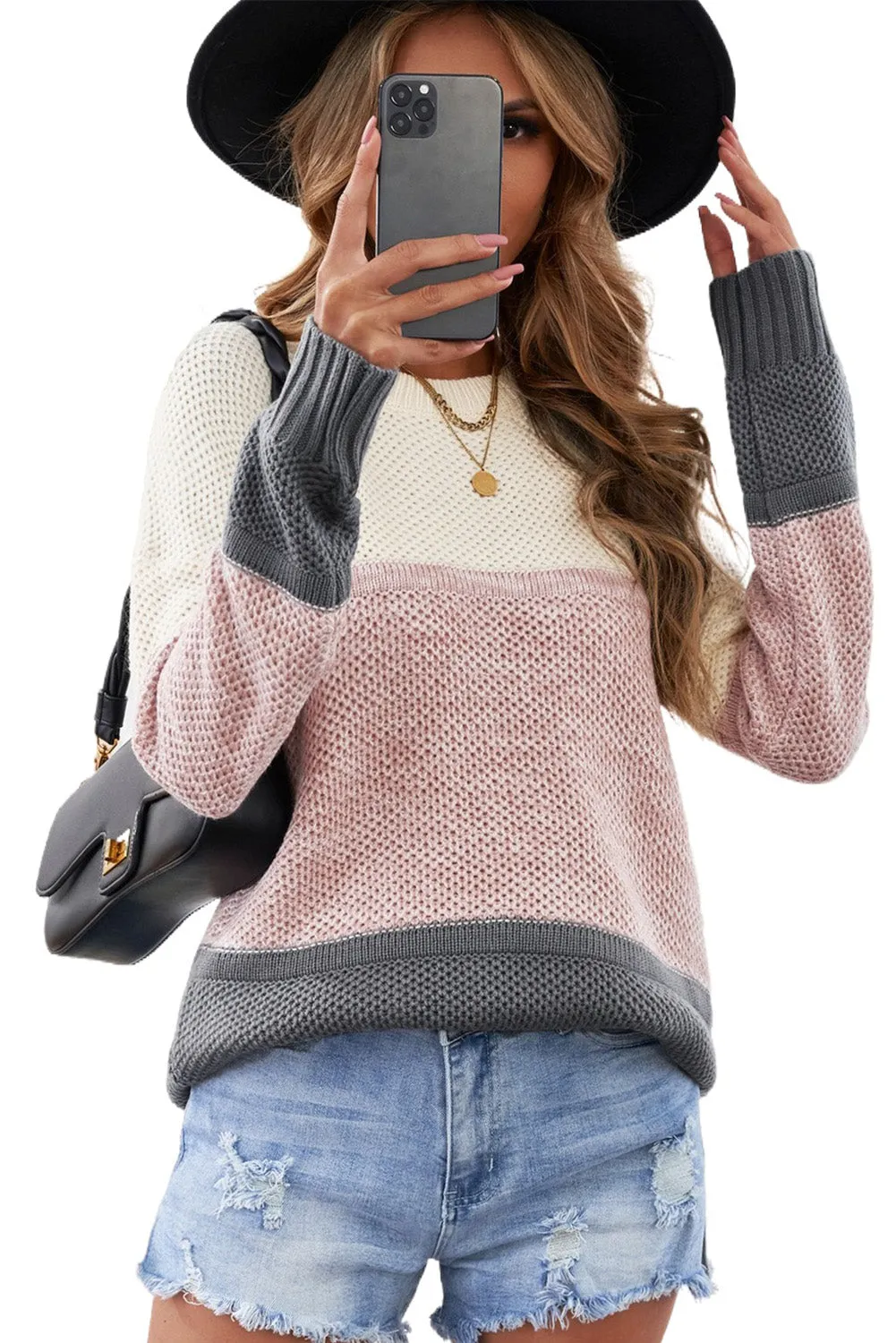 Color Block Netted Texture Pullover Sweater