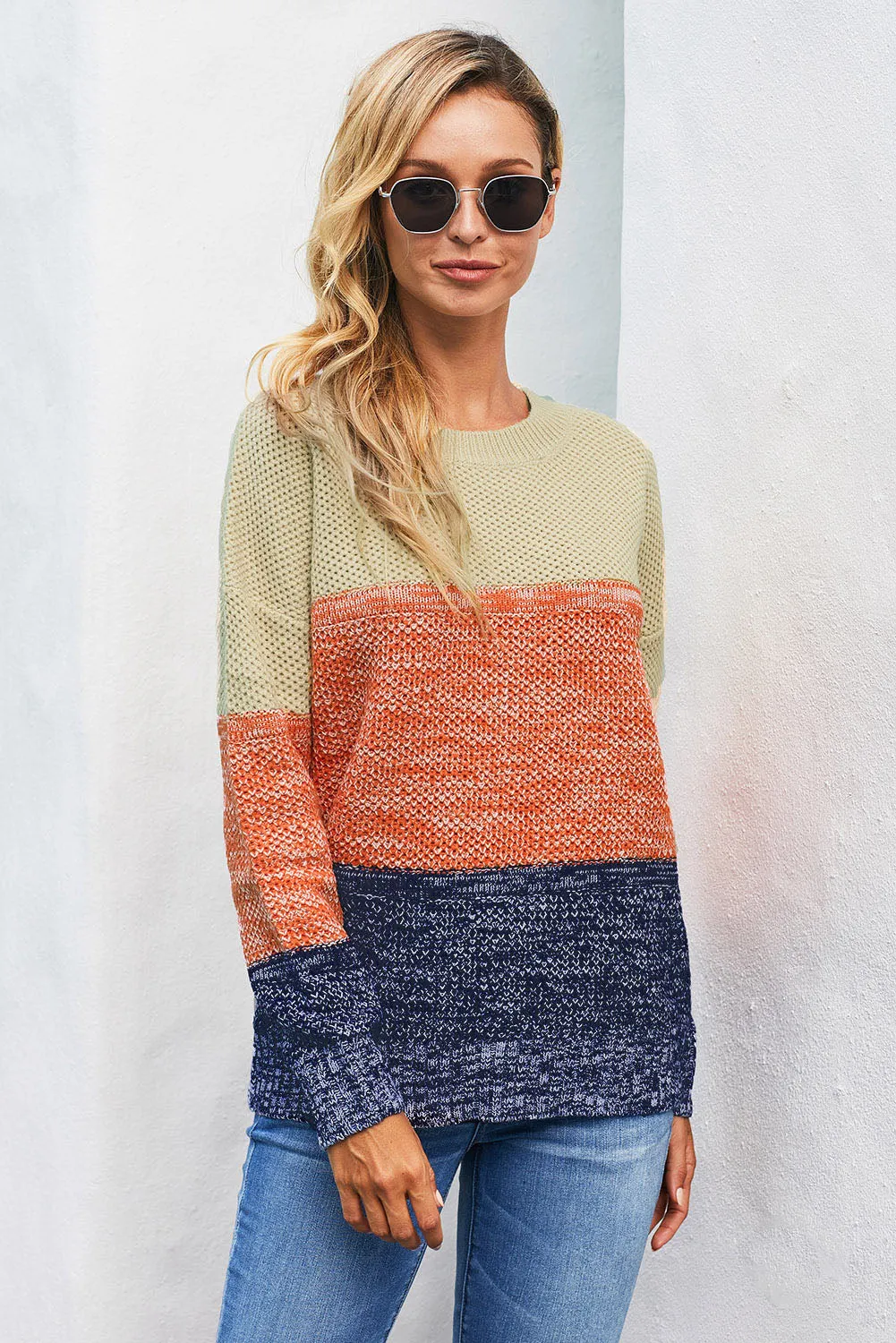 Color Block Netted Texture Pullover Sweater