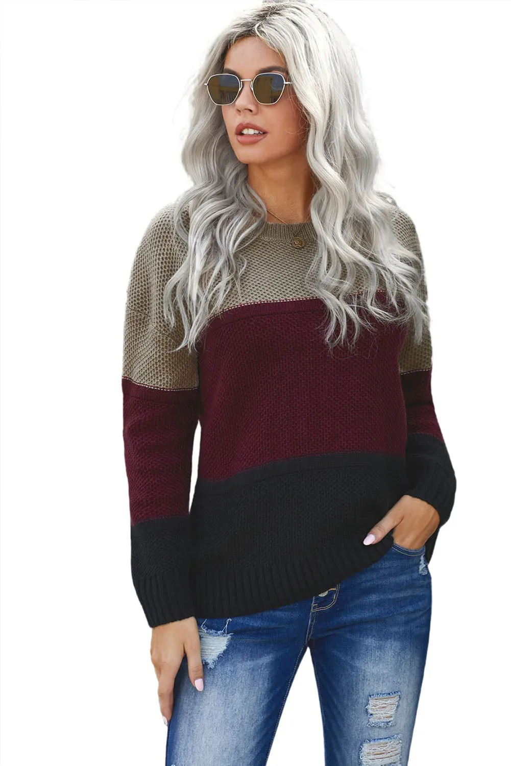 Color Block Netted Texture Pullover Sweater