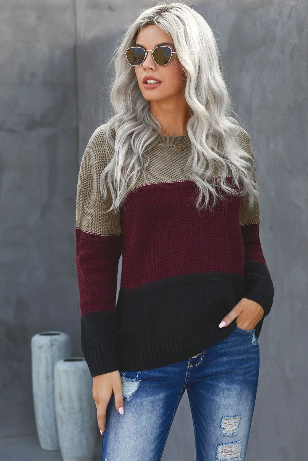 Color Block Netted Texture Pullover Sweater