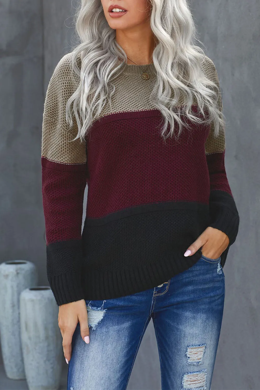 Color Block Netted Texture Pullover Sweater