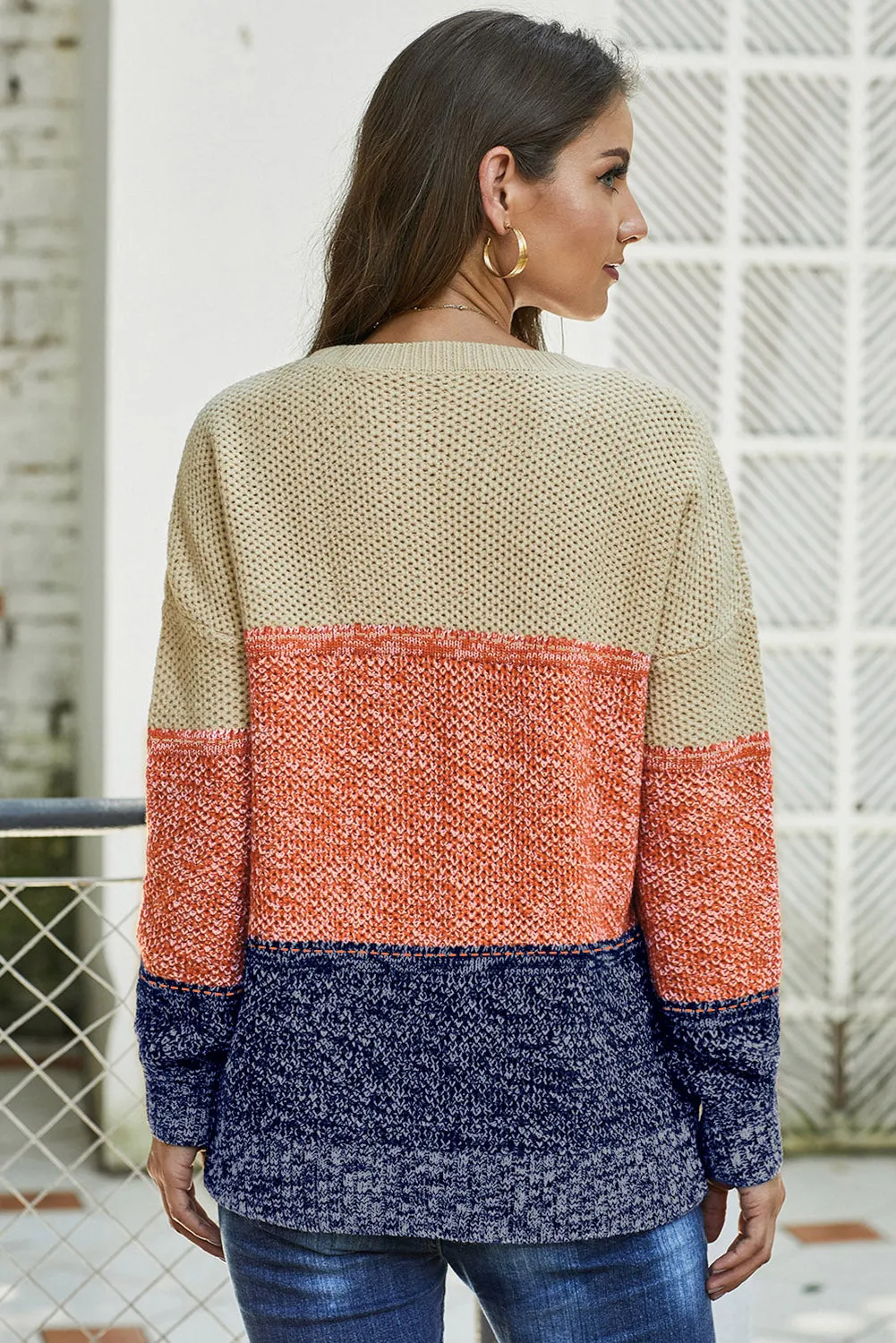 Color Block Netted Texture Pullover Sweater