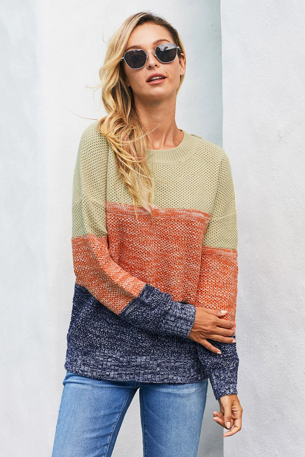 Color Block Netted Texture Pullover Sweater