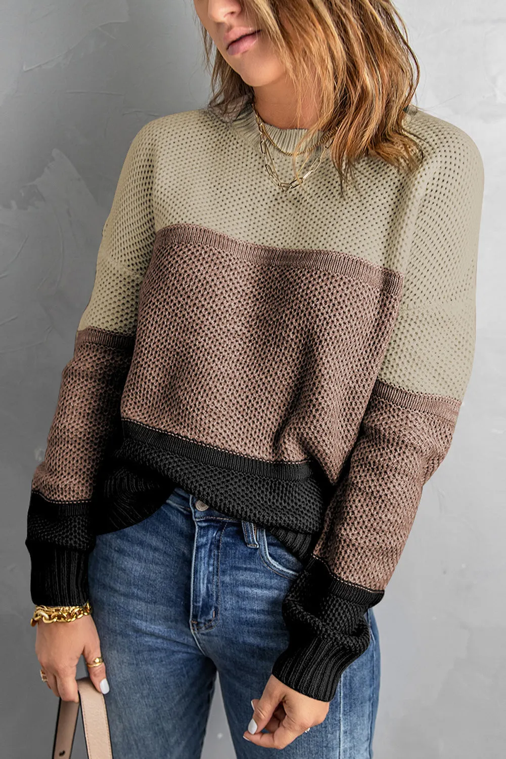 Color Block Netted Texture Pullover Sweater