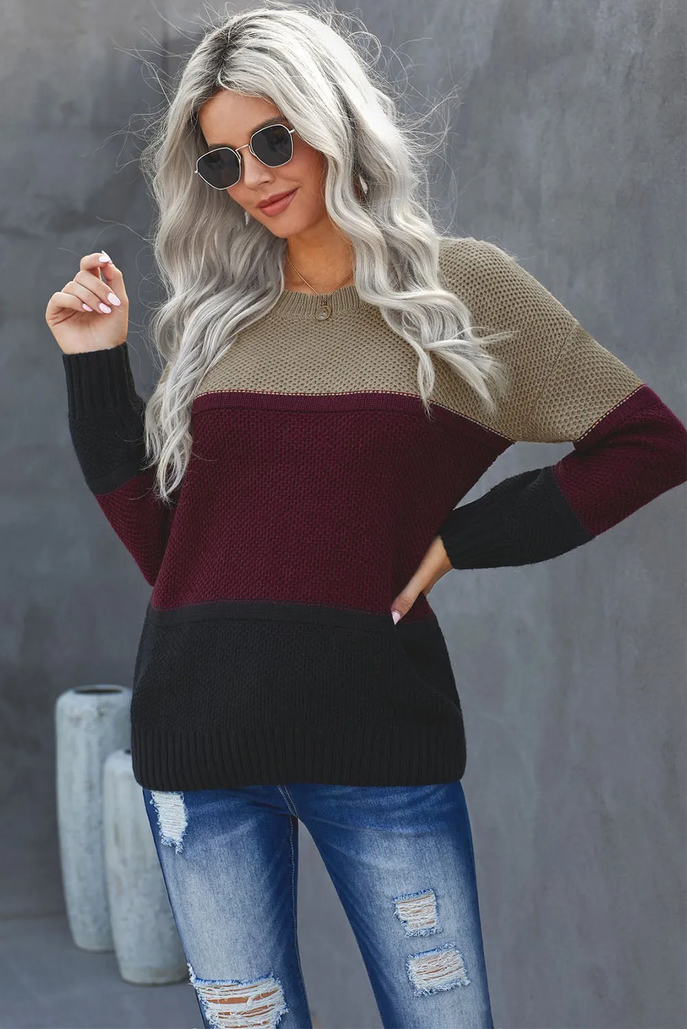 Color Block Netted Texture Pullover Sweater