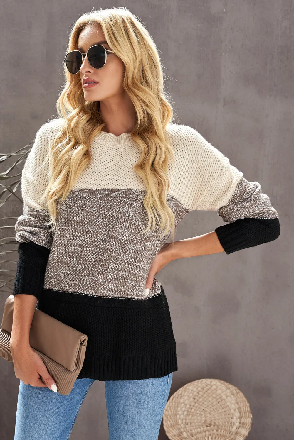 Color Block Netted Texture Pullover Sweater