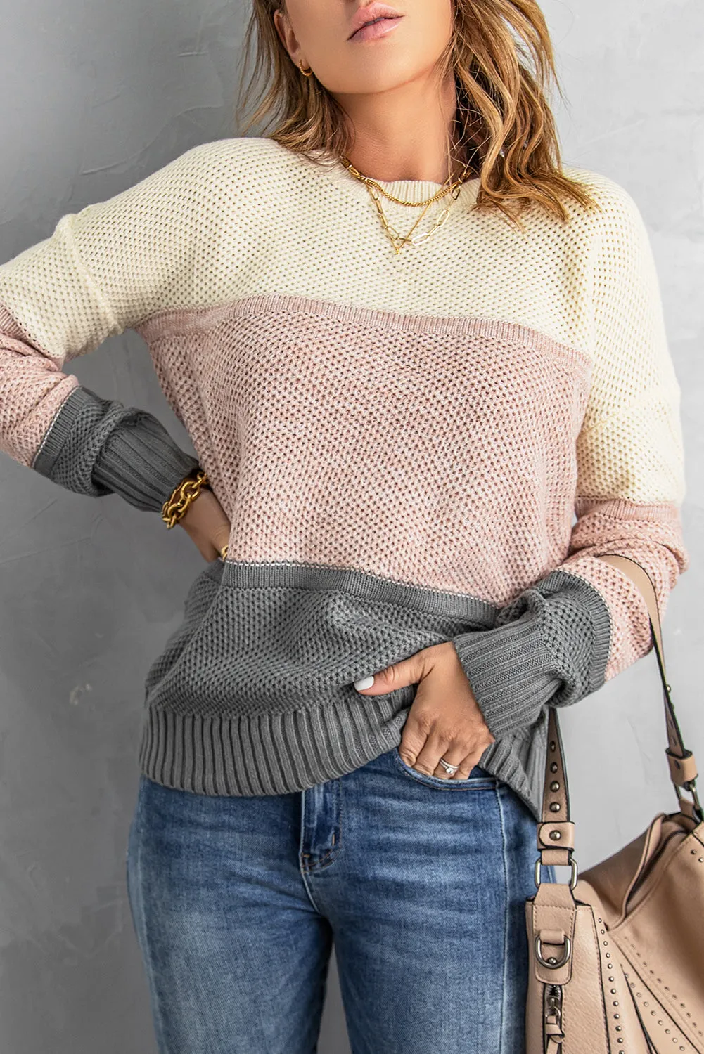 Color Block Netted Texture Pullover Sweater