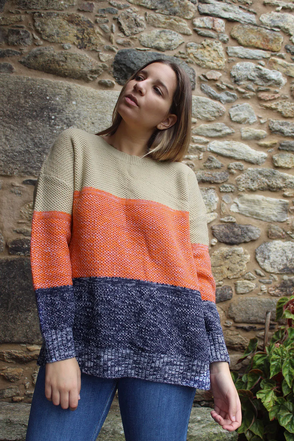 Color Block Netted Texture Pullover Sweater