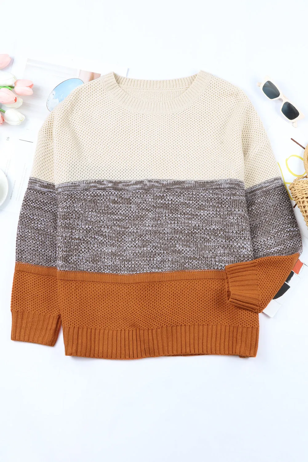 Color Block Netted Texture Pullover Sweater