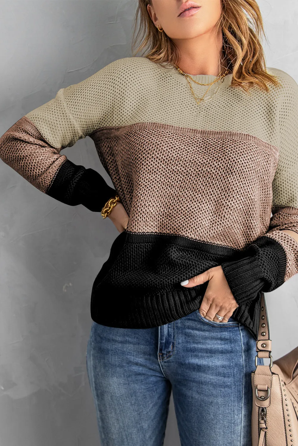 Color Block Netted Texture Pullover Sweater