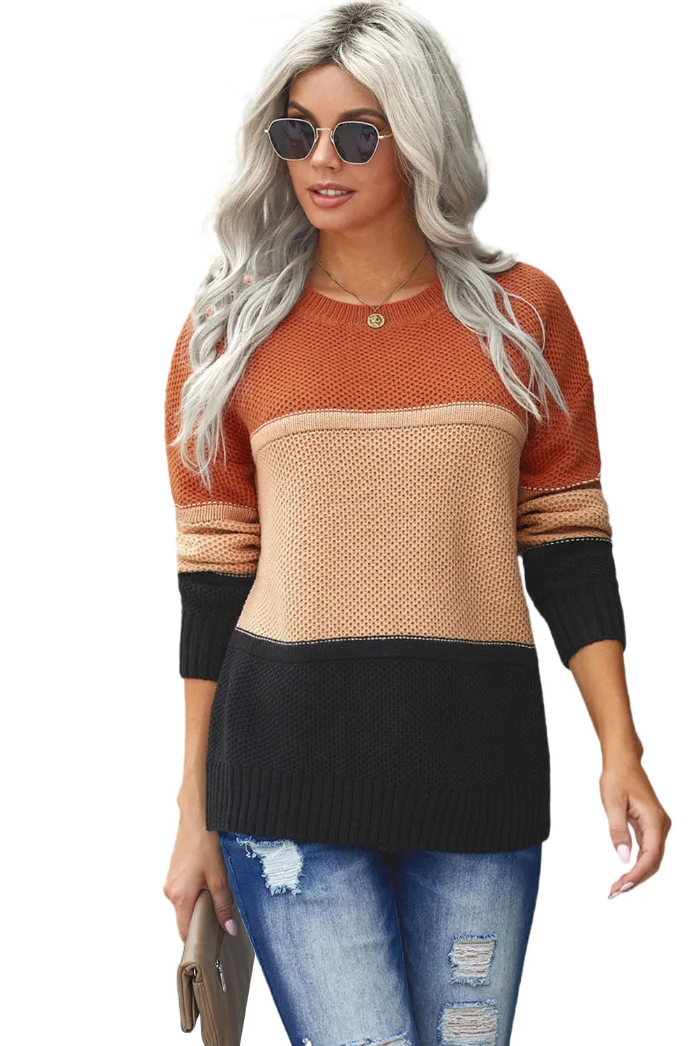 Color Block Netted Texture Pullover Sweater