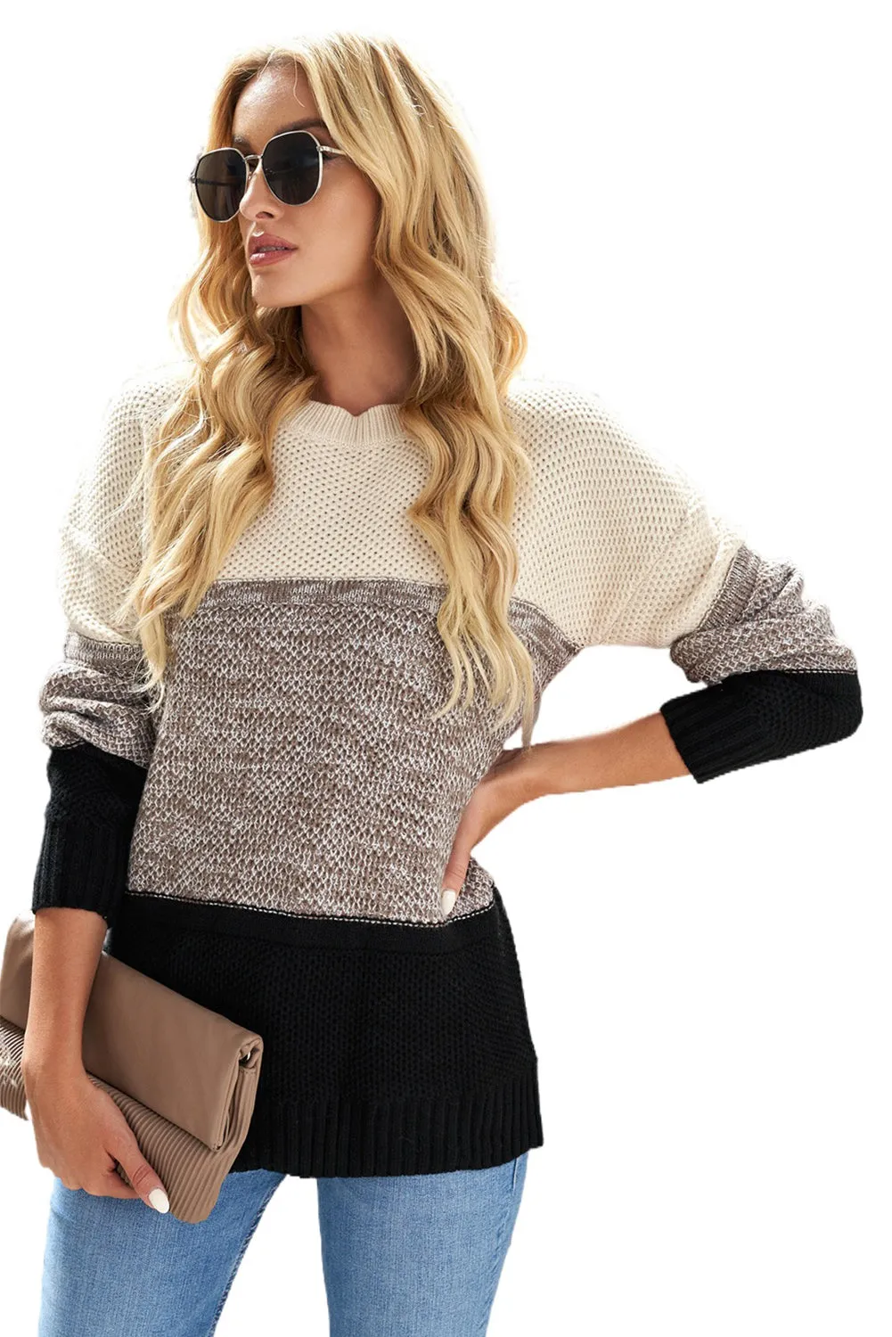 Color Block Netted Texture Pullover Sweater