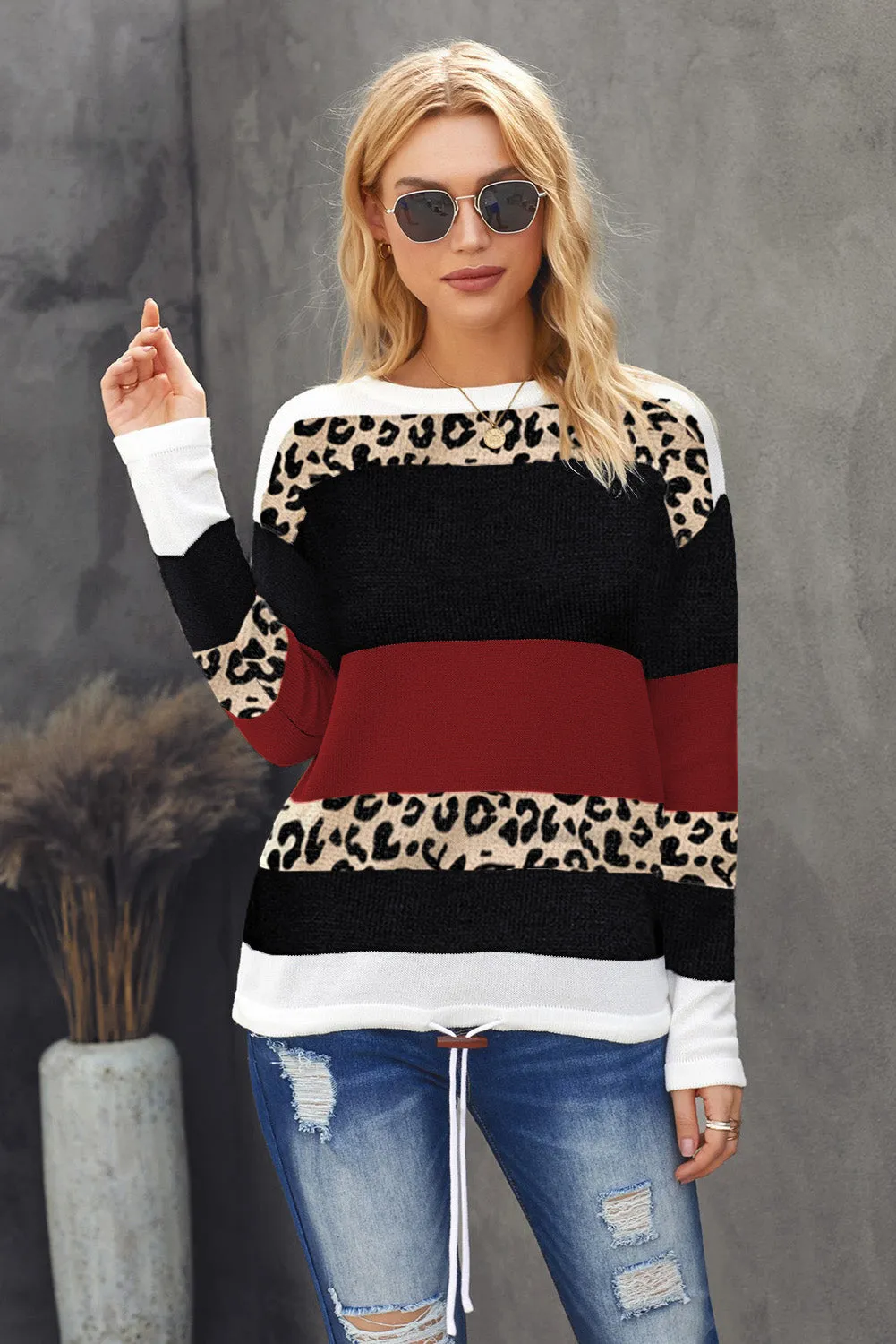 Crewneck Leopard Color Block Knit Pullover Sweater