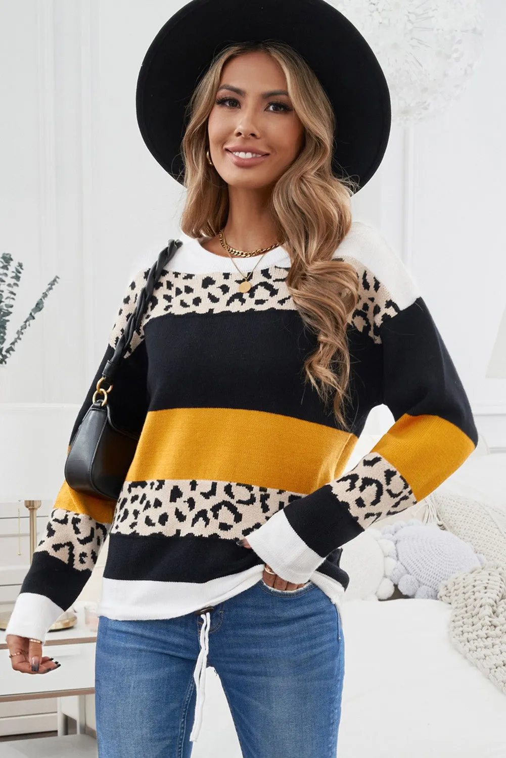 Crewneck Leopard Color Block Knit Pullover Sweater