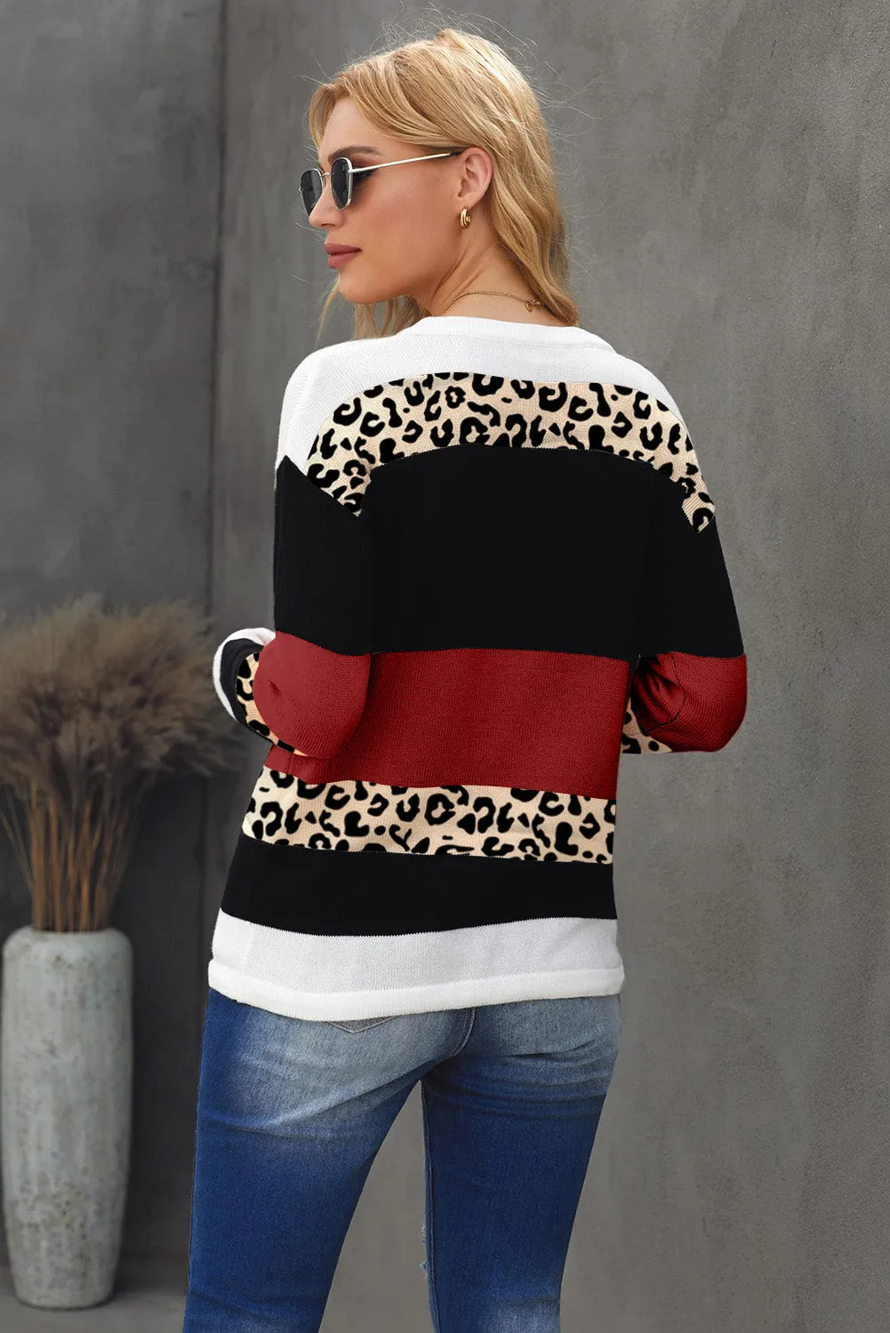 Crewneck Leopard Color Block Knit Pullover Sweater