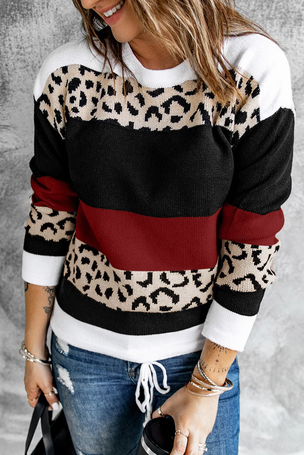 Crewneck Leopard Color Block Knit Pullover Sweater