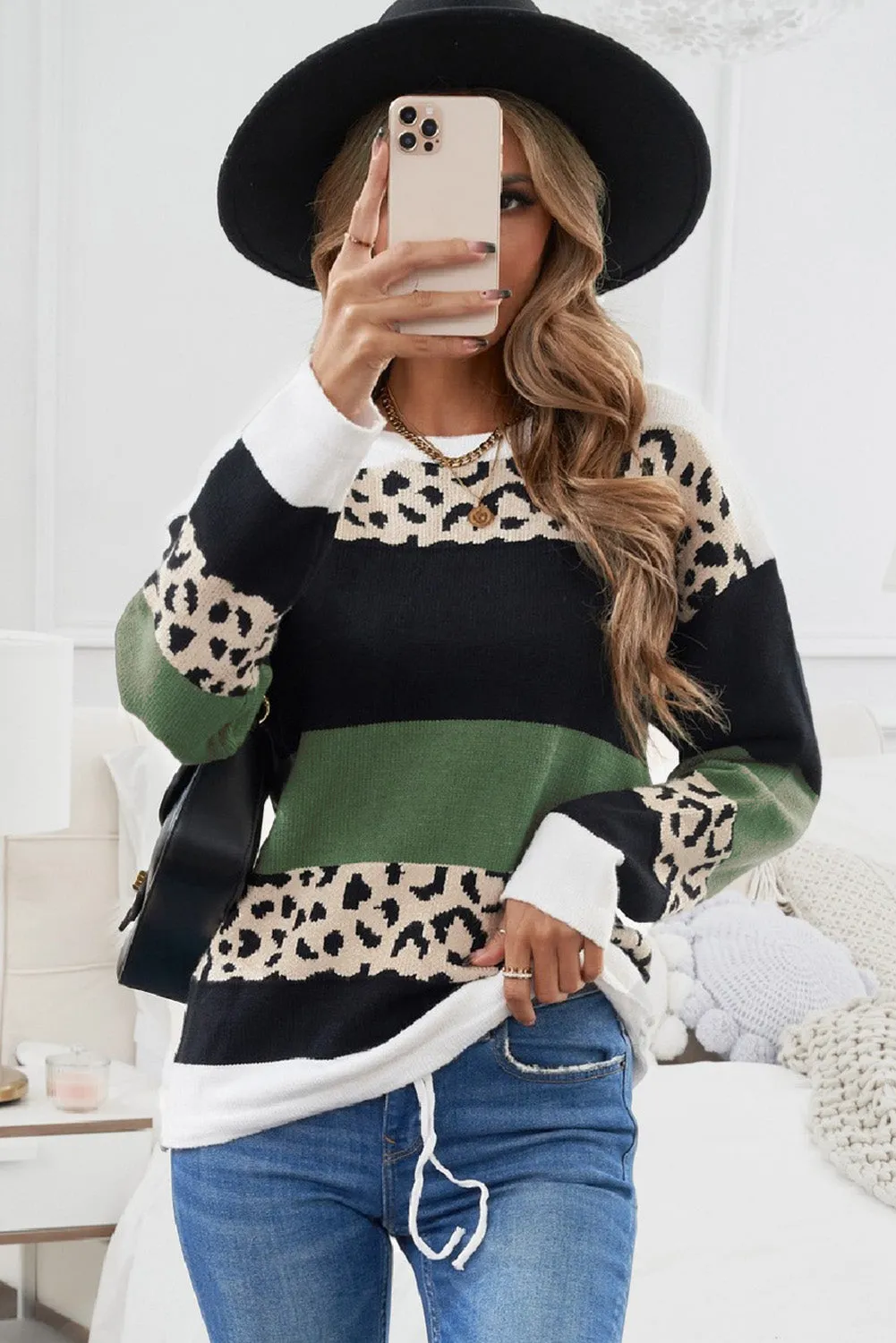 Crewneck Leopard Color Block Knit Pullover Sweater