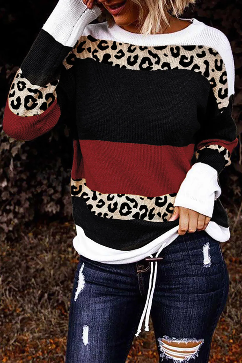 Crewneck Leopard Color Block Knit Pullover Sweater