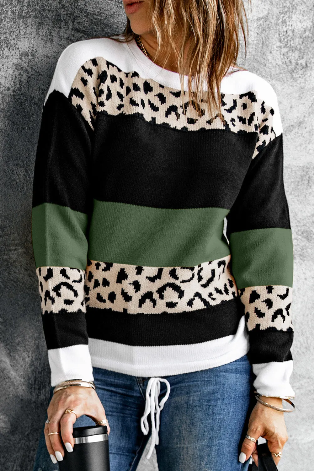 Crewneck Leopard Color Block Knit Pullover Sweater