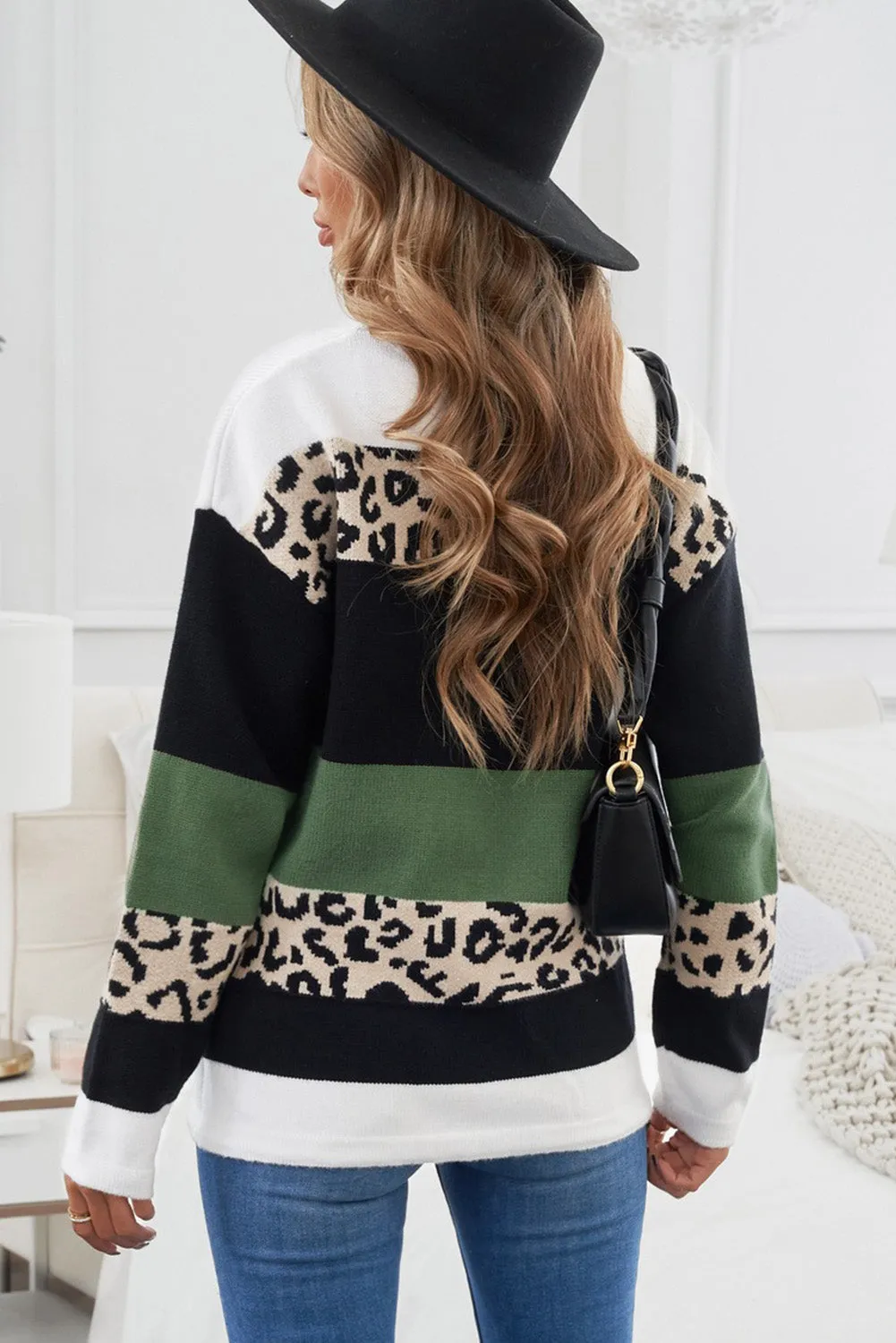 Crewneck Leopard Color Block Knit Pullover Sweater