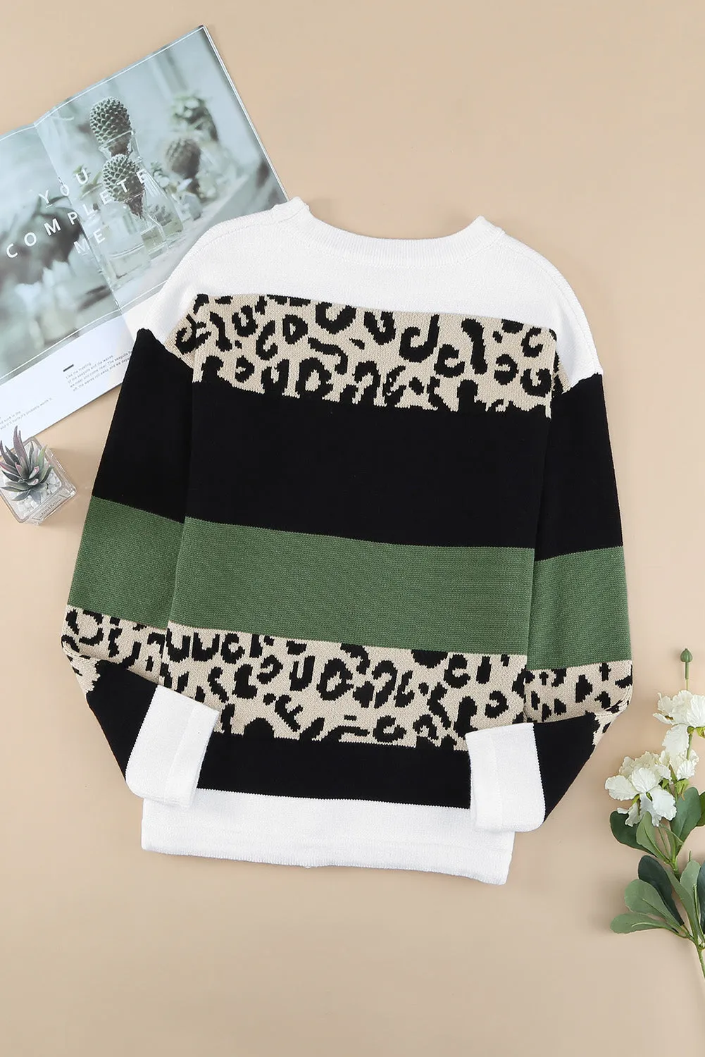 Crewneck Leopard Color Block Knit Pullover Sweater