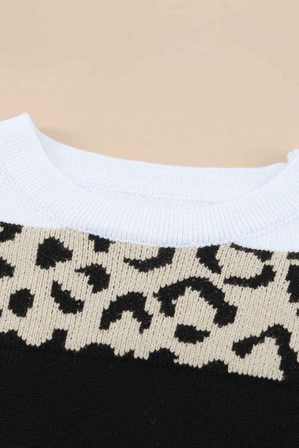 Crewneck Leopard Color Block Knit Pullover Sweater