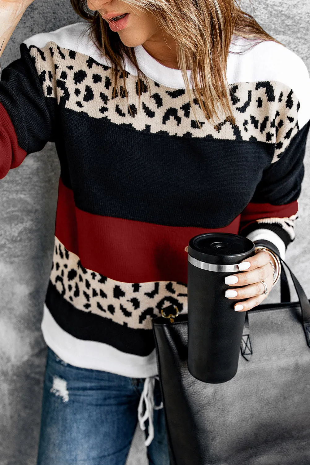 Crewneck Leopard Color Block Knit Pullover Sweater