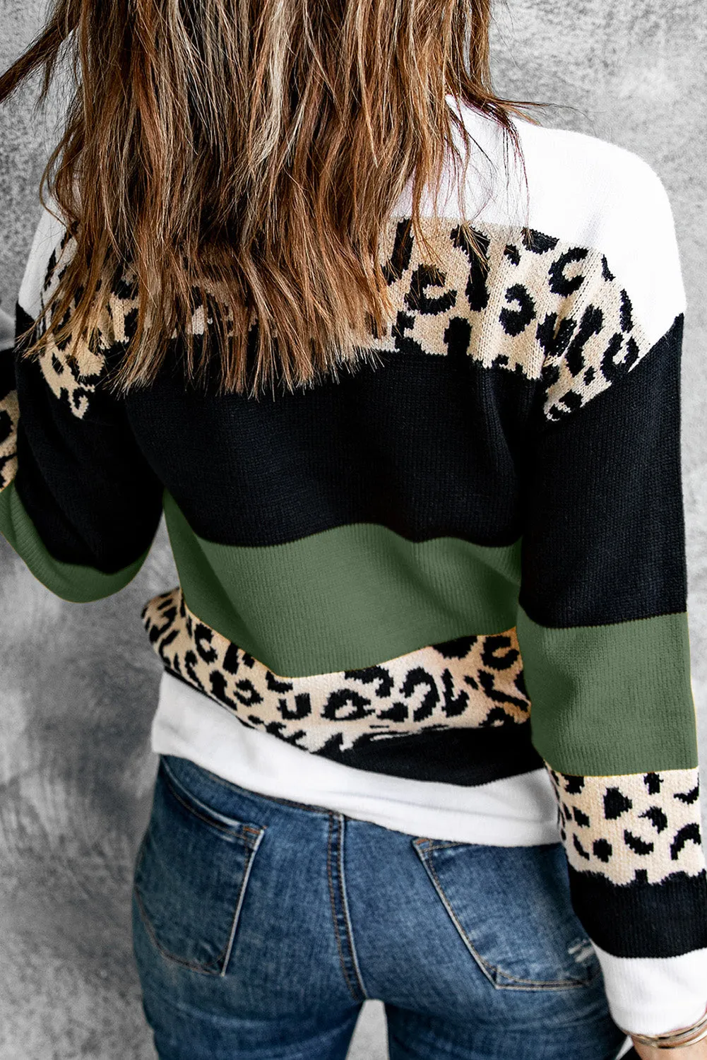 Crewneck Leopard Color Block Knit Pullover Sweater