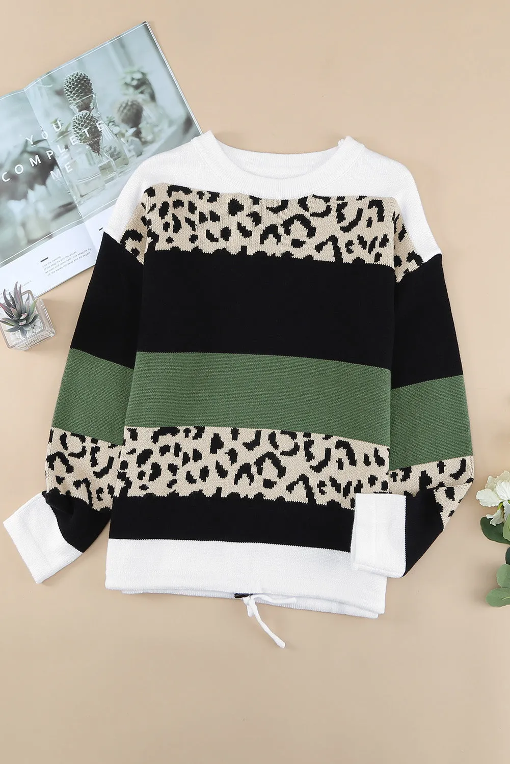 Crewneck Leopard Color Block Knit Pullover Sweater