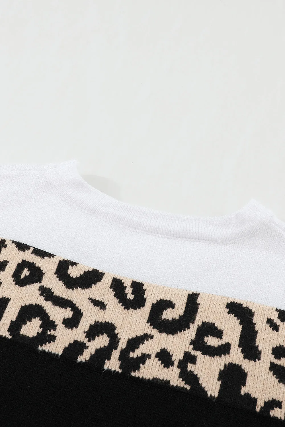 Crewneck Leopard Color Block Knit Pullover Sweater