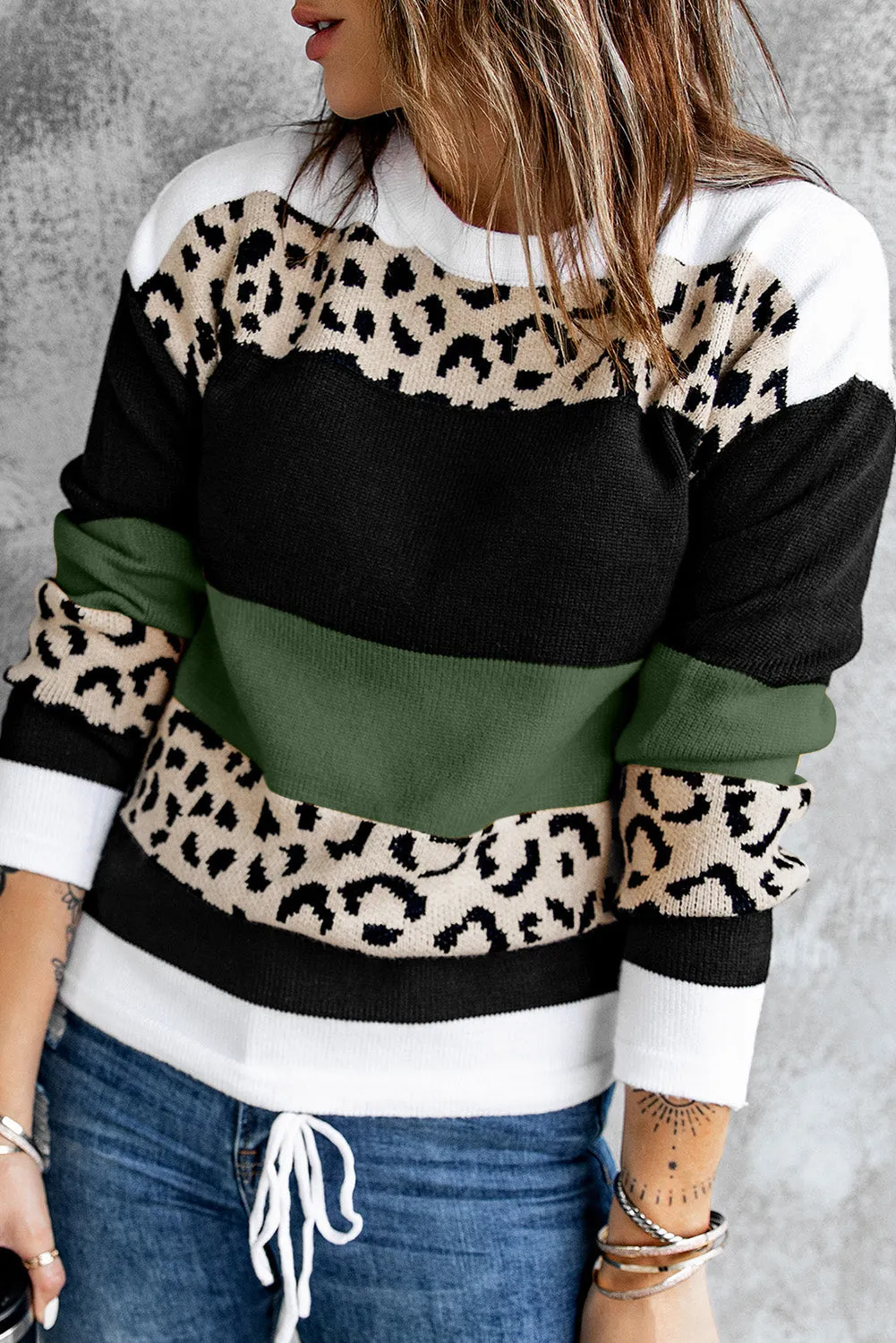 Crewneck Leopard Color Block Knit Pullover Sweater