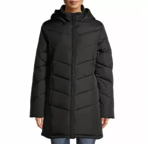 Flattering Long Black Chevron Hooded Light Soft Puffer Coat  Black