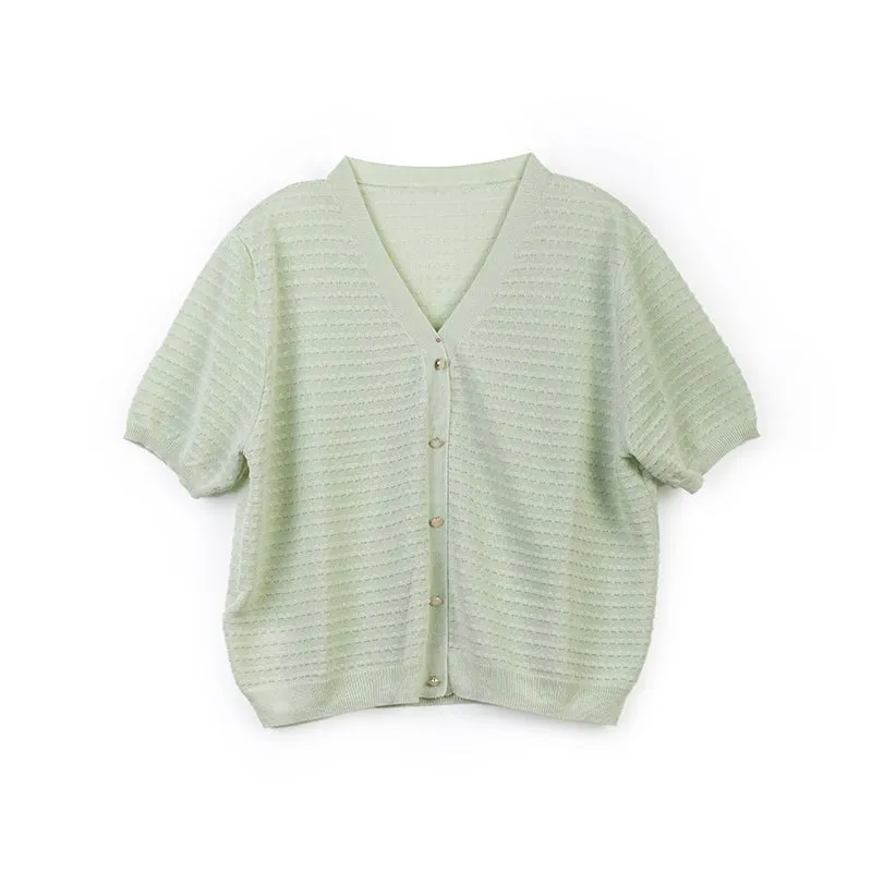 Grass Green Knitted Button Up Short Sleeve T-shirt